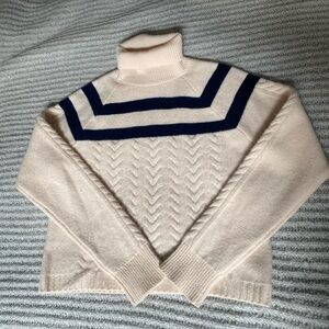 J. Crew Women’s Ivory Cashmere Turtleneck with Navy Stripes + Cable Knit Detail